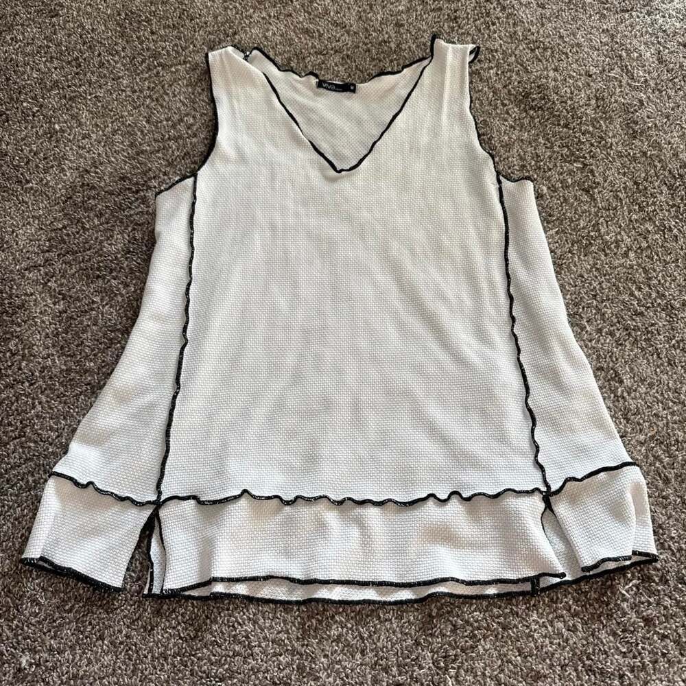 Viva Cidade White & Black Lettuce Edge Tank Top, Size M - Goth Minimalist
